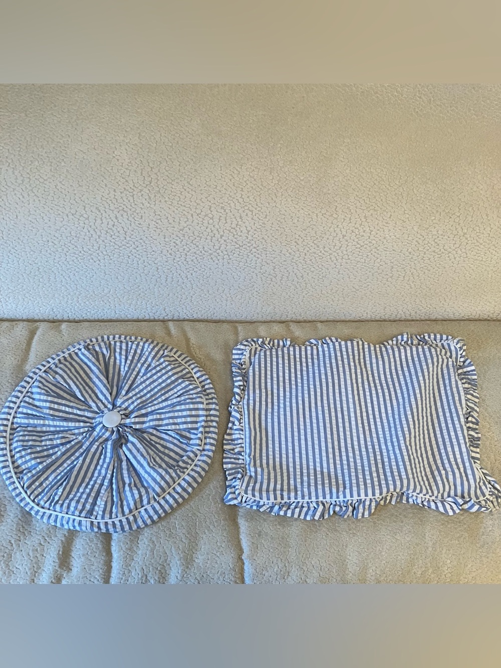 Cuddledown Blue Seersucker Cotton Throw Pillow Cover Shams Ruffle Piping
